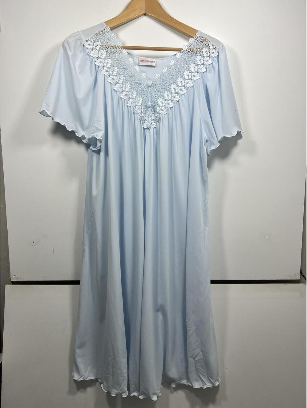 Vtg Shadowline Light Blue Nightgown Sz L Lace Cottagecore Nylon Summer